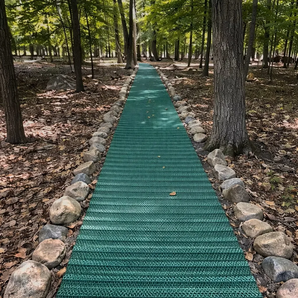 Sentier accessible en tapis GRASSMAT dans un boisé