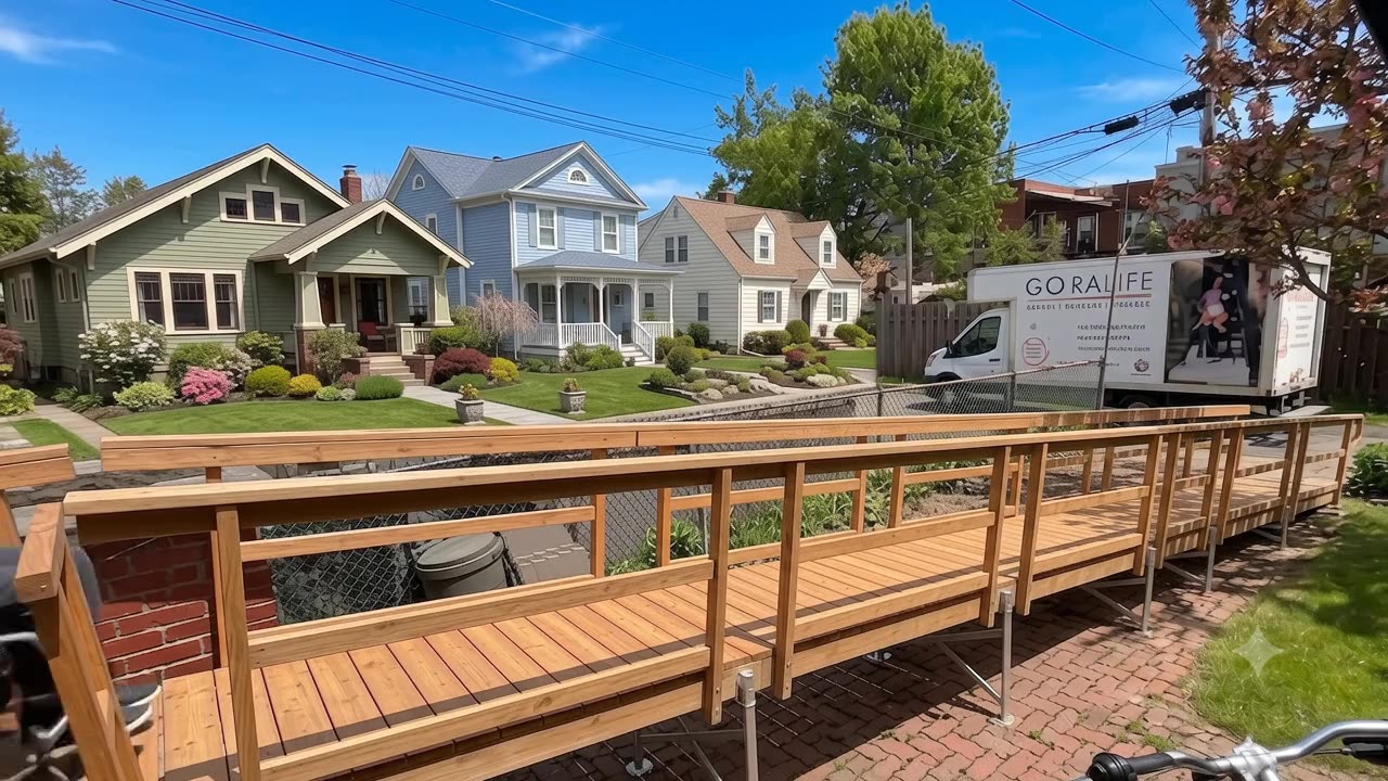 Person in a wheelchair going up a wooden access ramp installed by Go Rampe